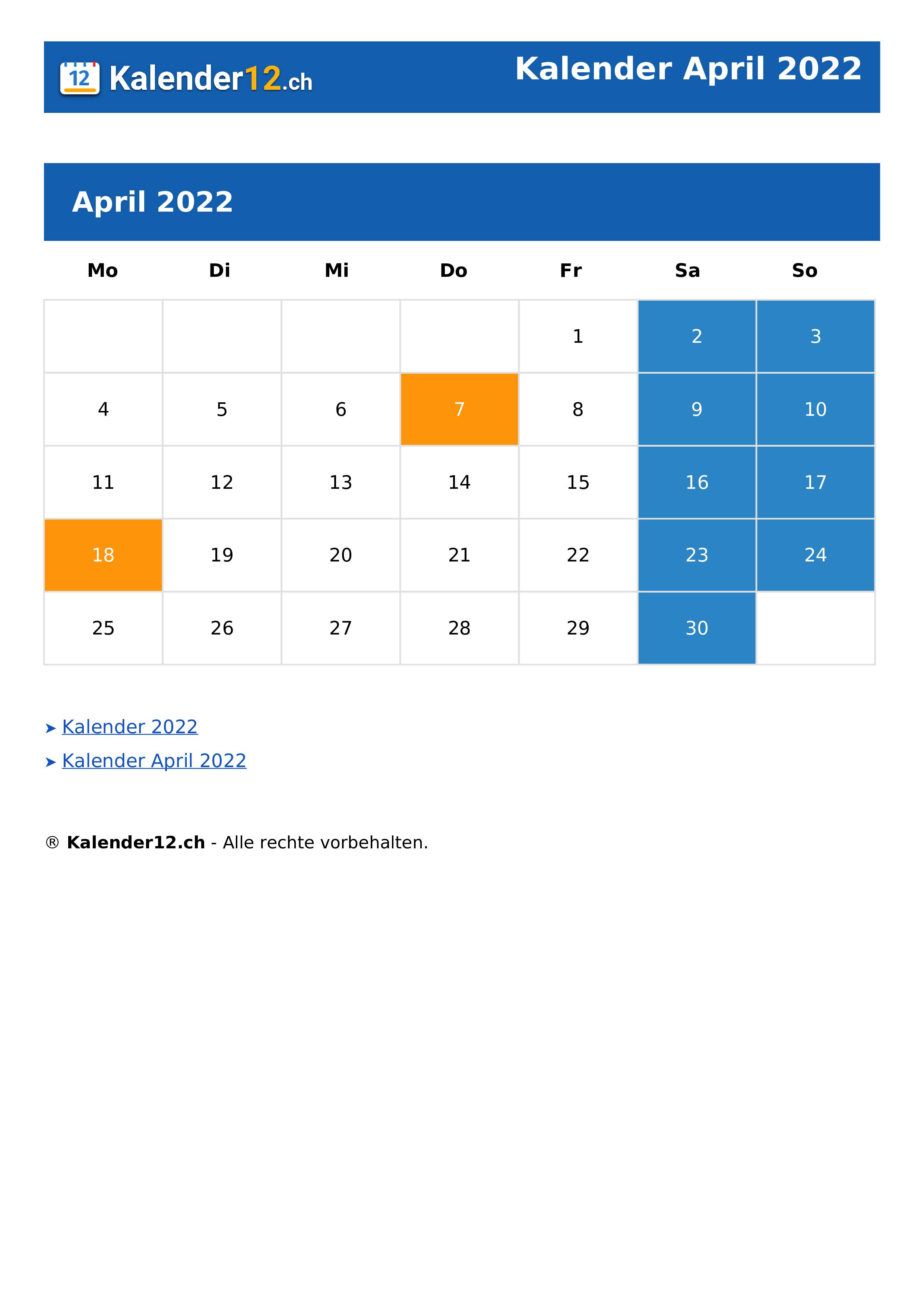 Kalender April 2022