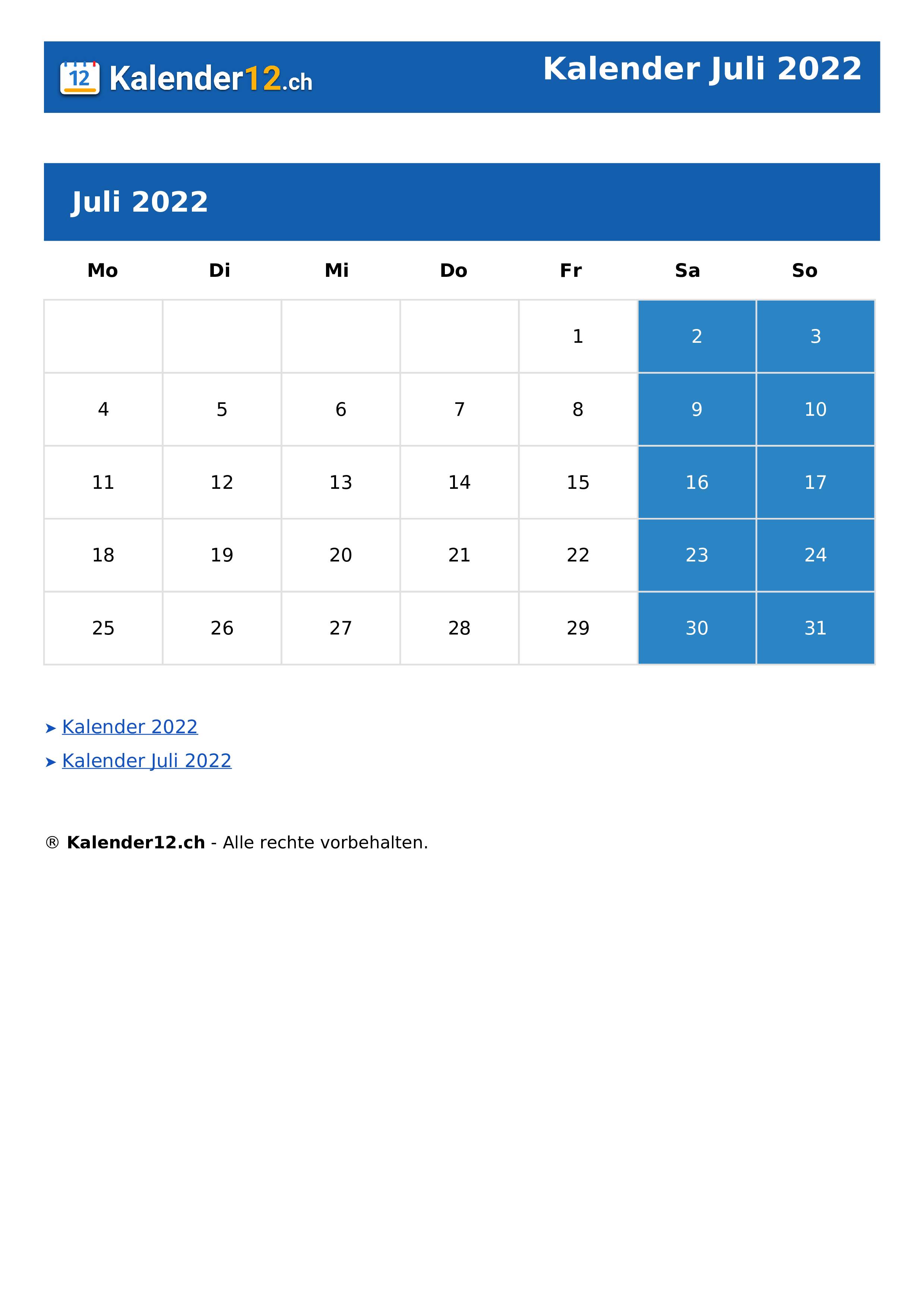 Kalender Juli 2022